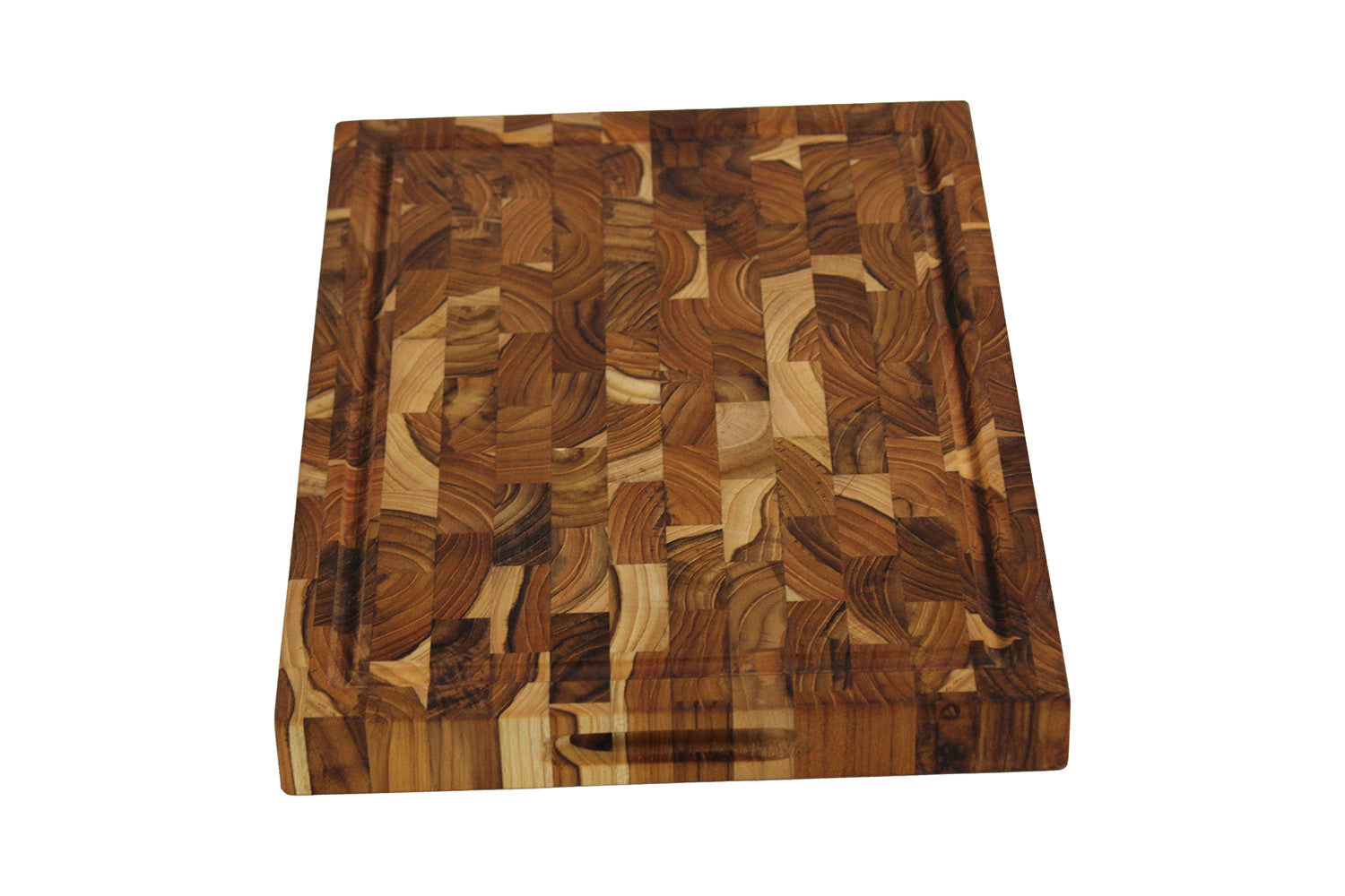 EcoDecors 14" x 10" Teak End Grain Cutting Board - Juice Channel, Carved Handles, FSC Teak