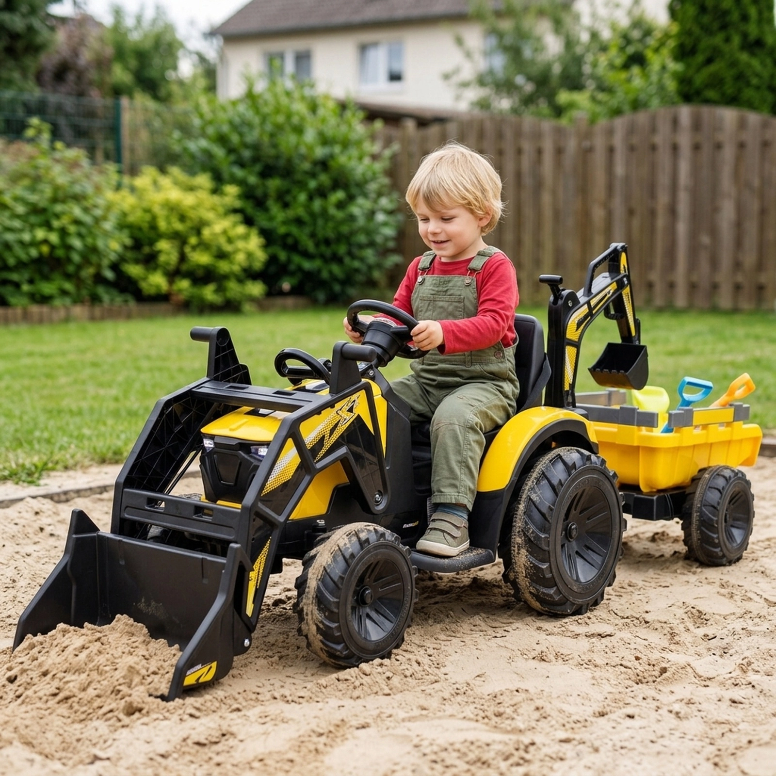 12V 3-in-1 Kids Ride On Excavator Shovel Bucket Digging Arm Trailer Battery Display Parent Remote Tractor Kids Yellow