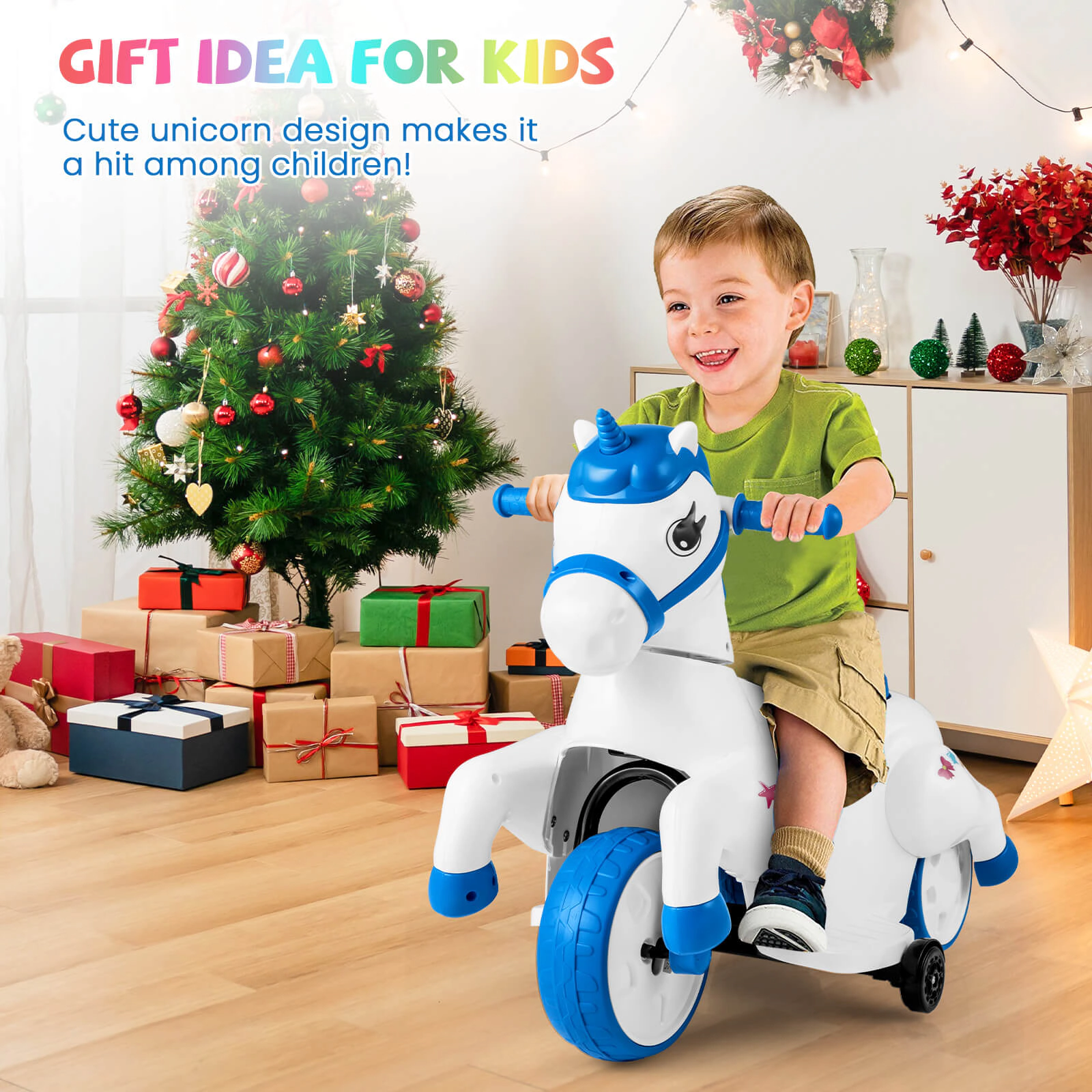 Costway 12V Kids Ride on Unicorn Toy w/ Training Wheels Music One-button Start Horse