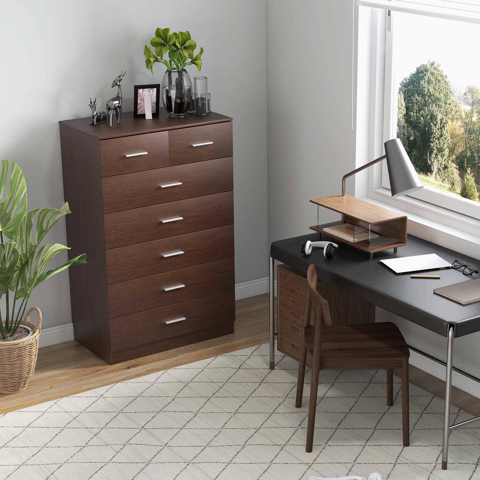 SUGIFT Anti-Toppling Device and Metal Handles 7-Drawer Wooden Chest of Drawers