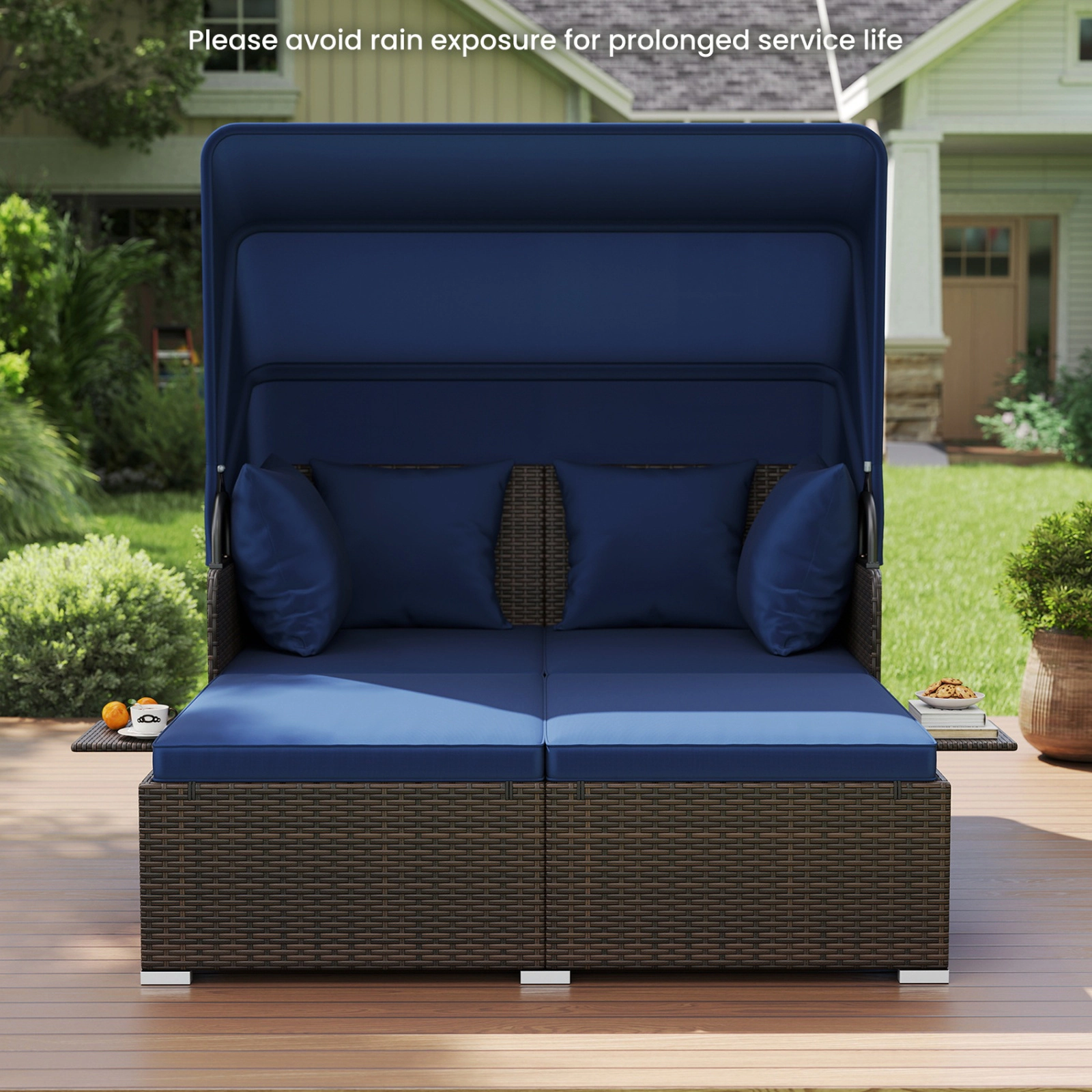 SUGIFT Outdoor Patio Rattan Daybed Navy with Retractable Canopy and Side Tables