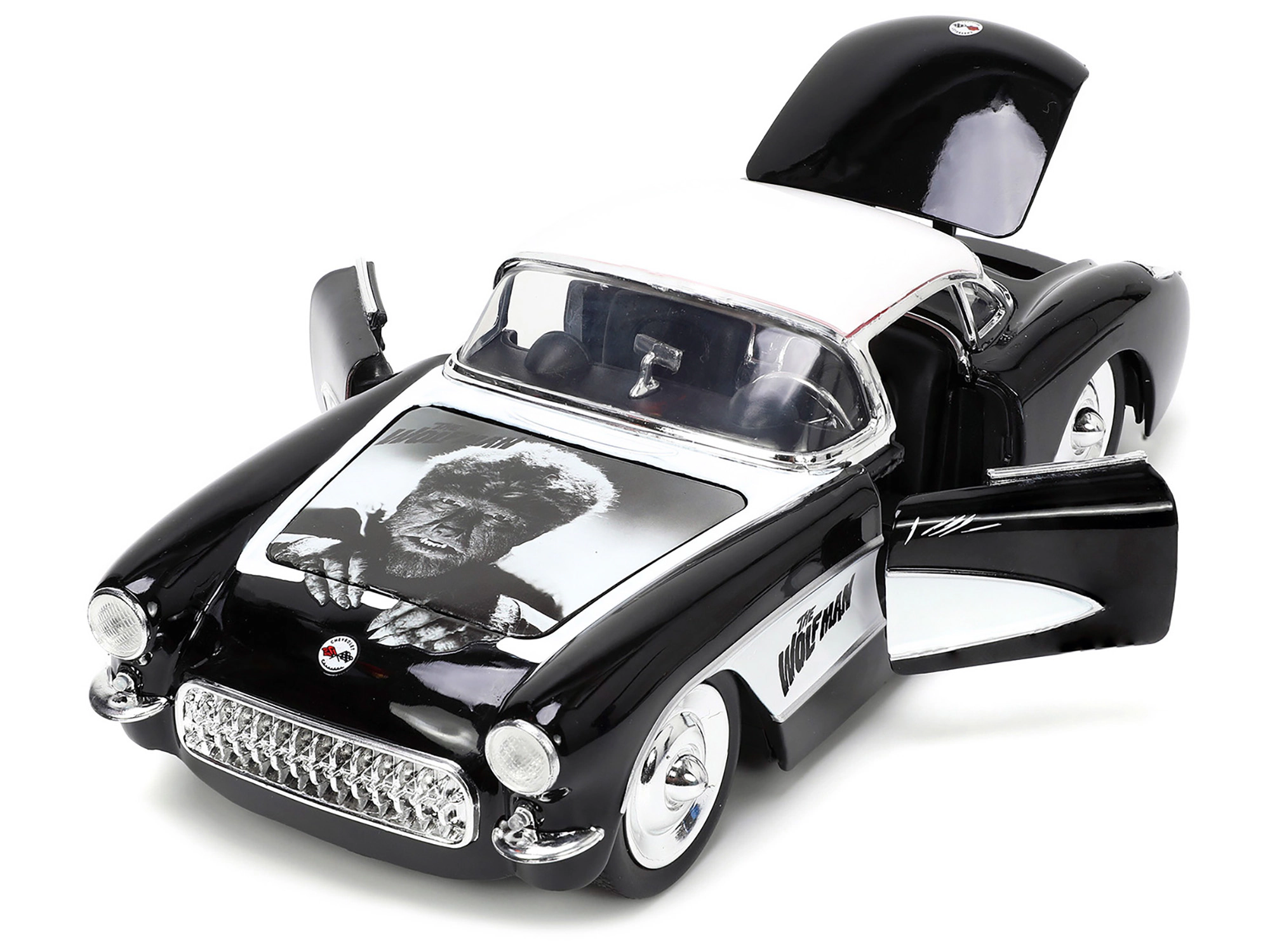 Jada 1957 Chevrolet Corvette Black with White Top and Wolfman Diecast Figure "Universal Monsters" "Hollywood