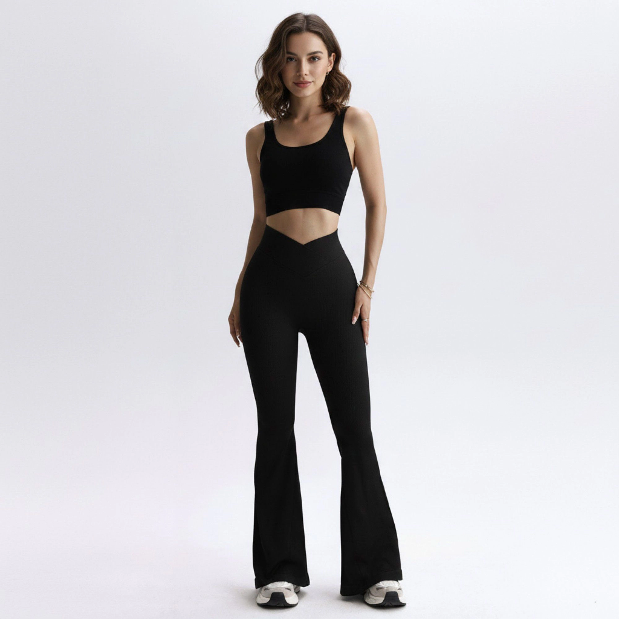 Anna-Kaci Active Women's High Waist Flare Leggings with V-Shaped Waistband and Stretch Rib Knit Fabric