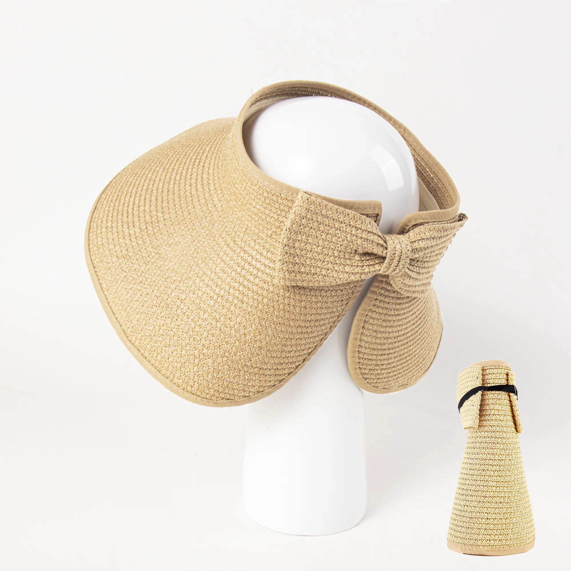 Anna-Kaci Women's Wide Brim Visor Hat with Bow Detail Adjustable Velcro Closure for Beach or Outdoor Protection - Rose