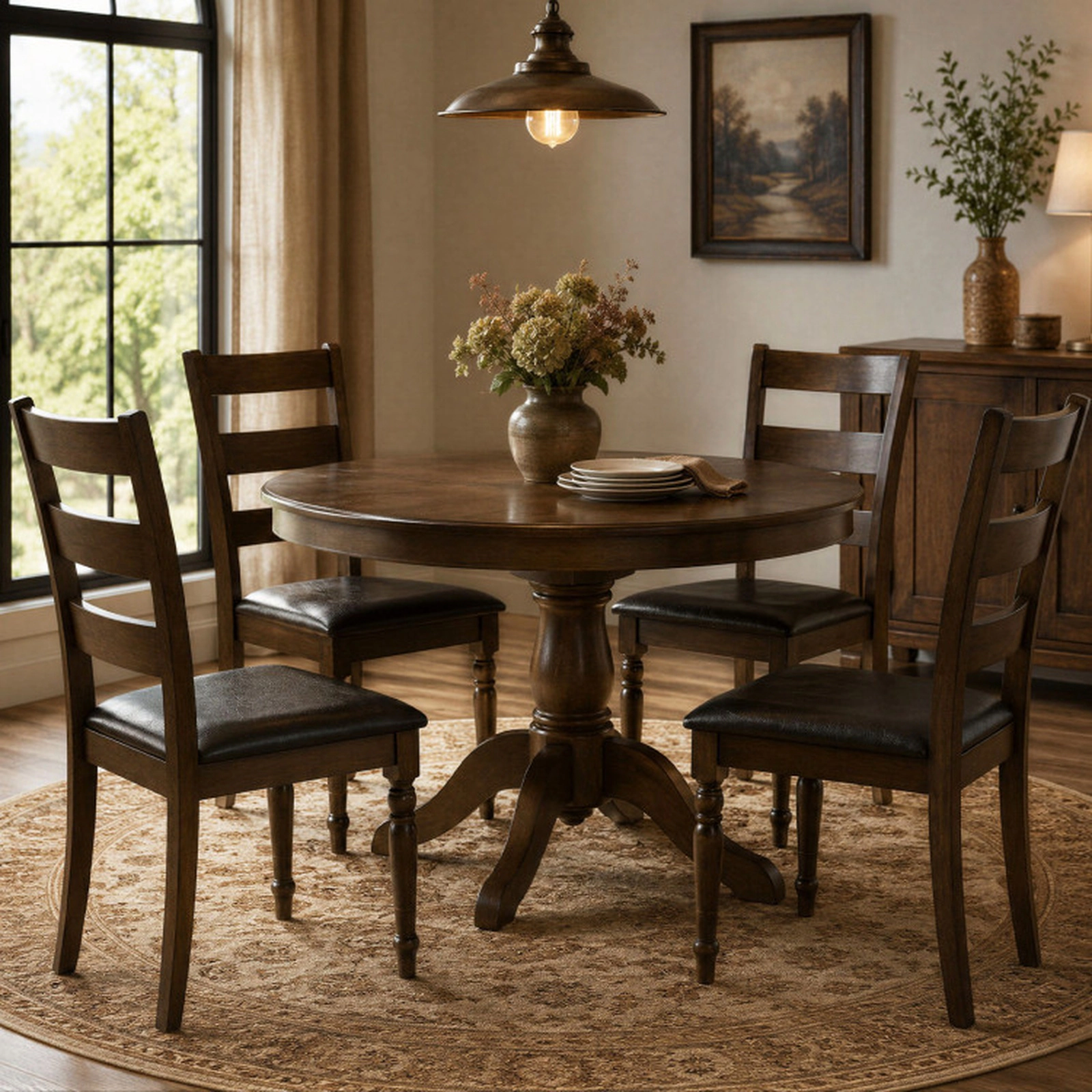 SUGIFT Brown Farmhouse PU Leather Upholstered Ladder Back Spiral Legs Set of 4 Dining Chairs