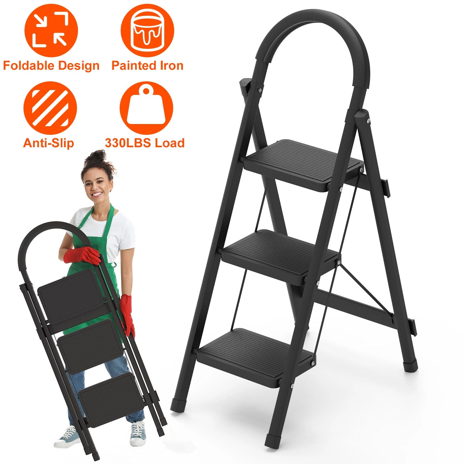 GBruno 3-Step Foldable Ladder With Anti-Slip Pedal