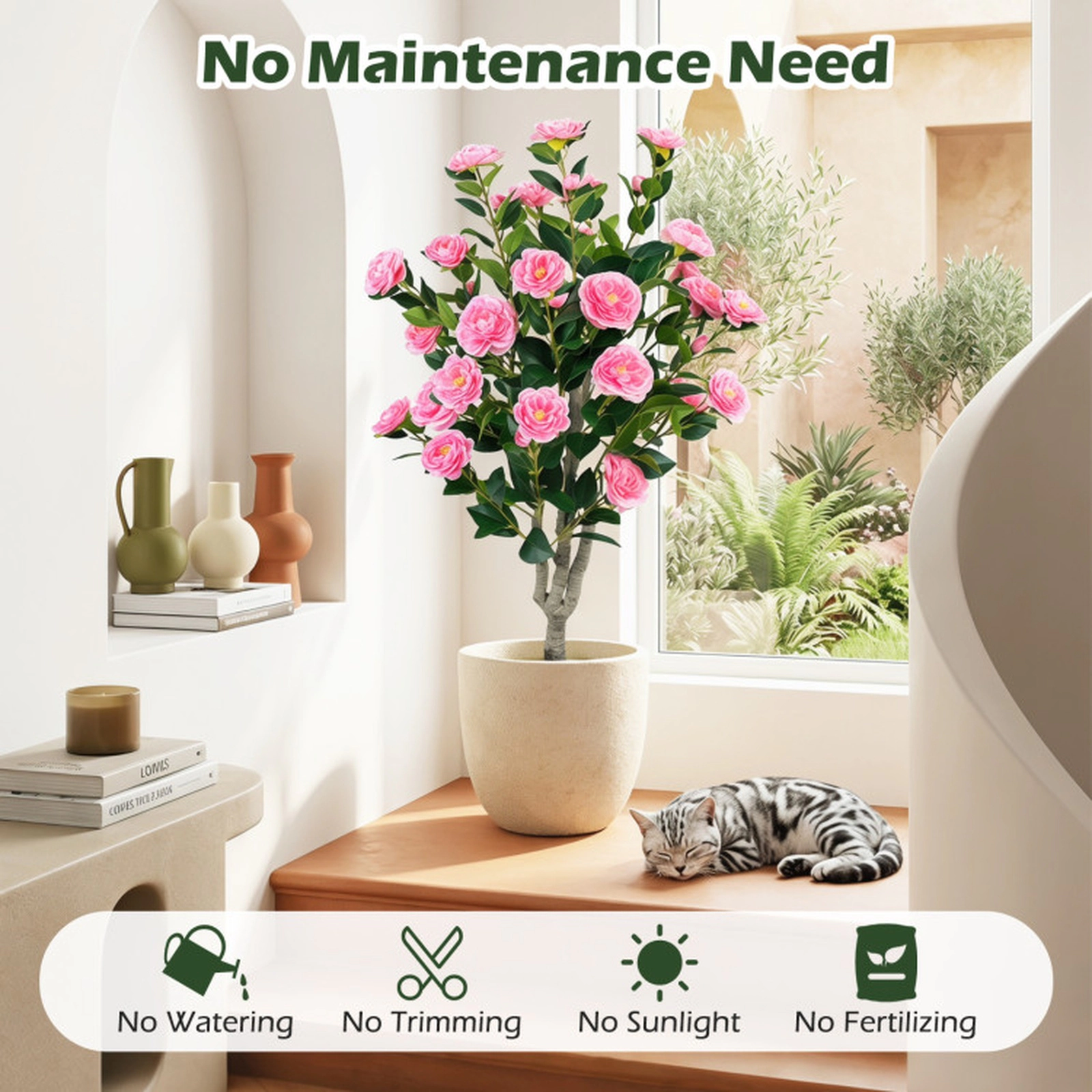 SUGIFT 39.5-in Cement-Filled Pot Silk Blossoms PE Trunk Artificial Camellia Tree 6-in x 5-in Pot 6.5-lb Pink
