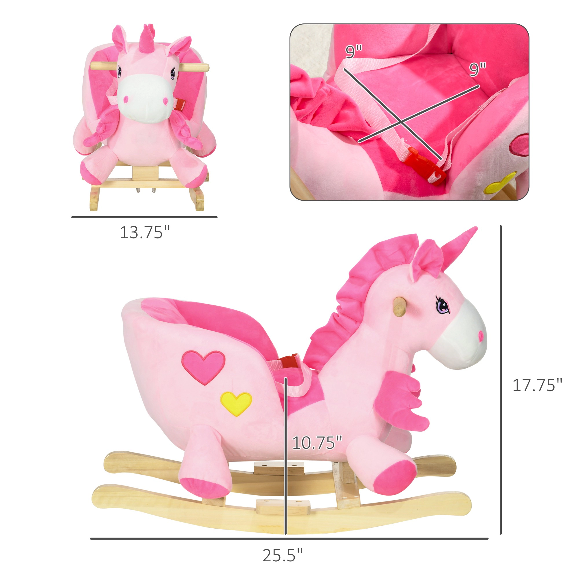 HONGGE Musical Unicorn Rocking Horse with 32 Songs & Seatbelt, Wood Base, Ages 18-36 Months, Pink