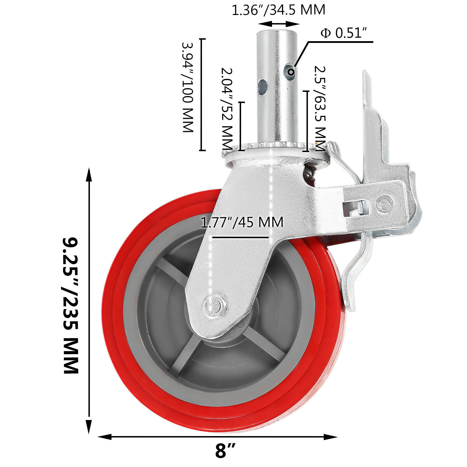 HONGGE 8-Inch Red Scaffolding Caster Wheels, Set of 4, Locking Stem Casters, 800 lbs Per Wheel