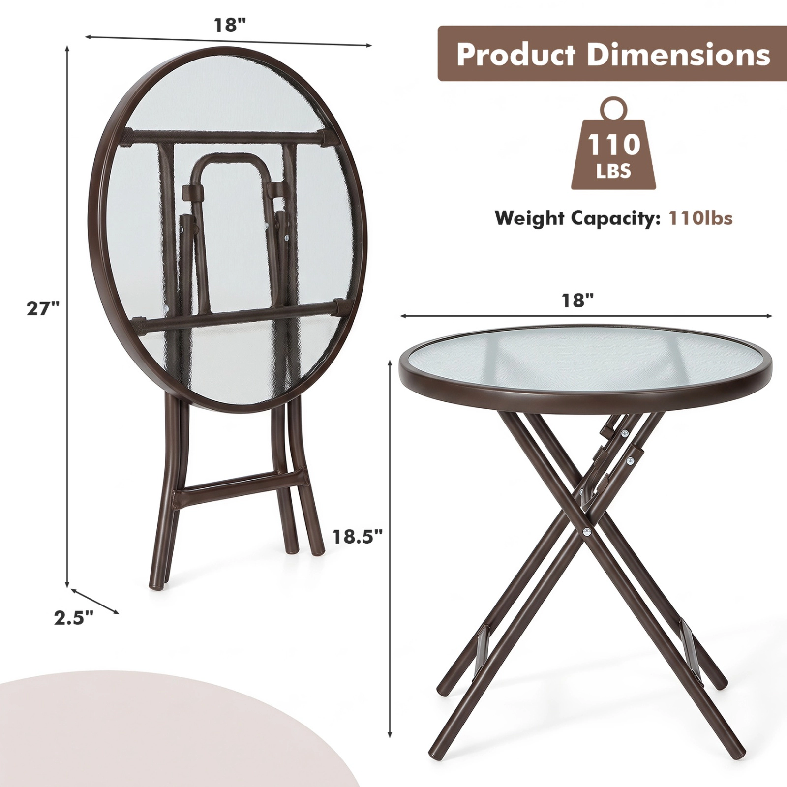 SUGIFT Brown 18-in Round Folding Tempered Glass Outdoor Side Table, 110-lb Capacity