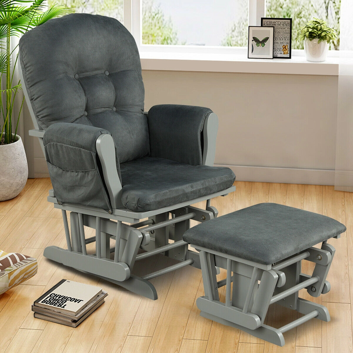 LJG Wood Glider and Ottoman Set with Padded Armrests