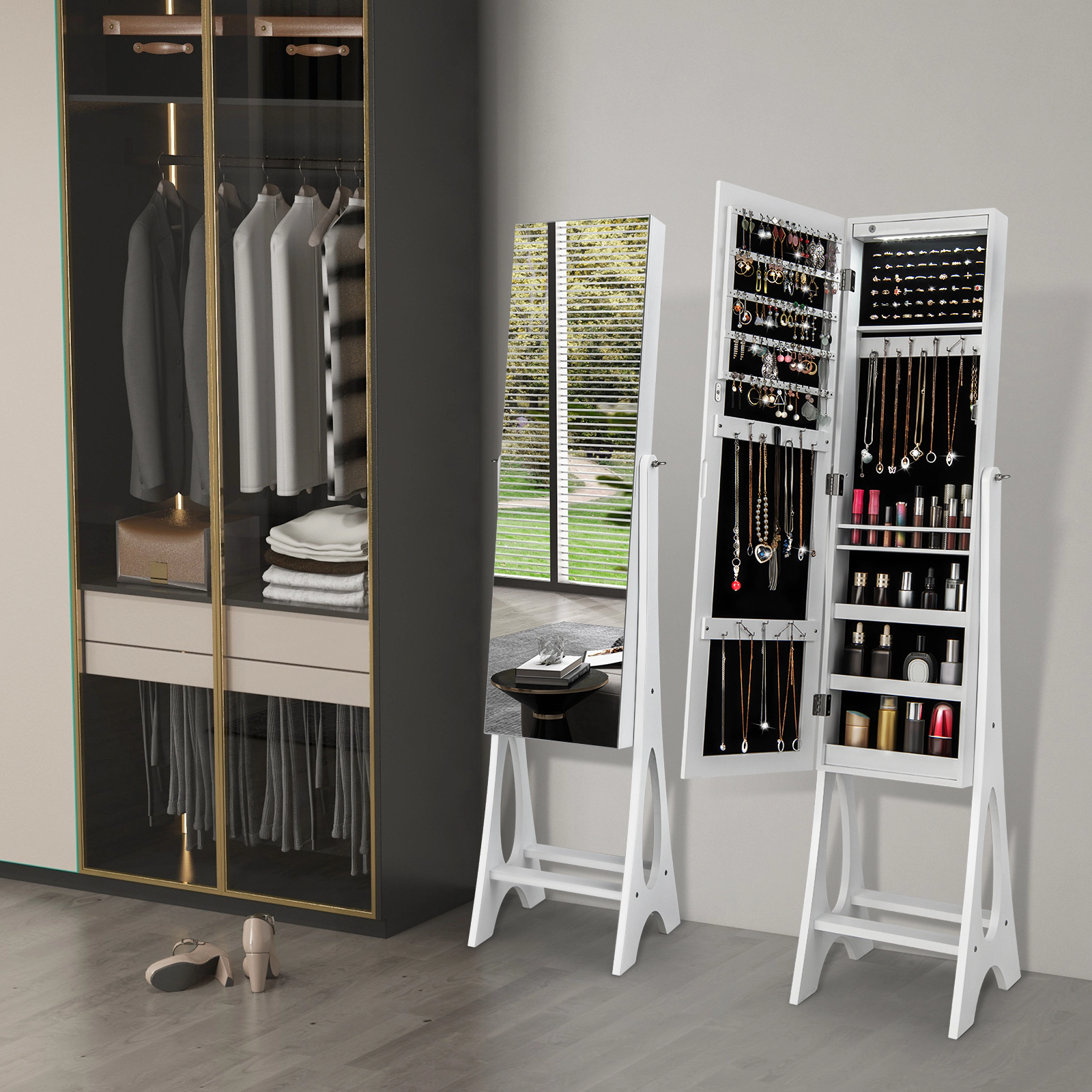 Slickblue 61 Inch Freestanding Jewelry Cabinet Armoire with Full-Length Beveled Mirror