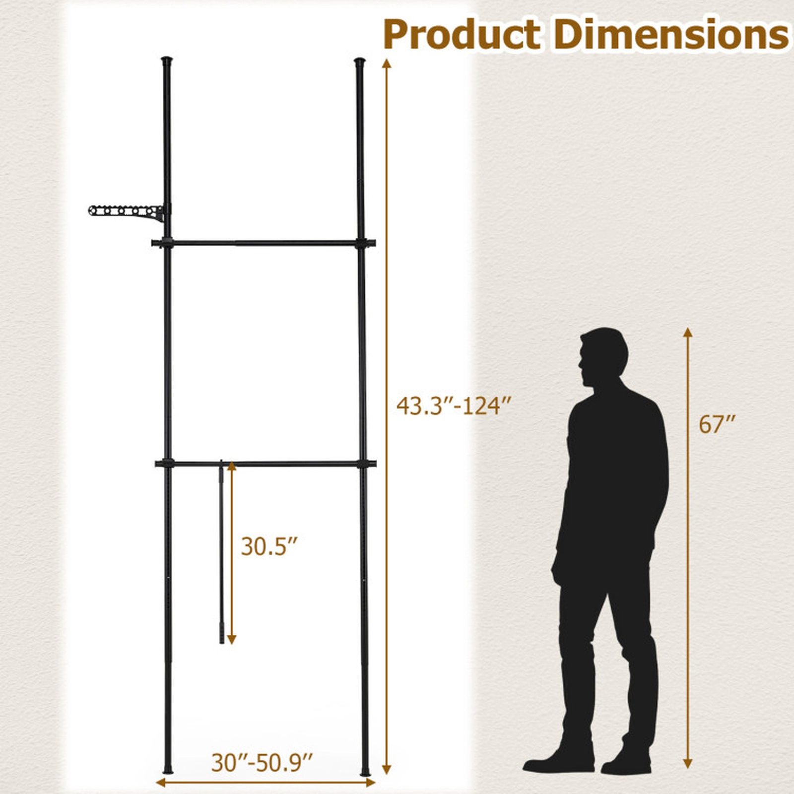 SUGIFT Adjustable Floor to Ceiling Clothes Rack Black with 2 Hanging Rods
