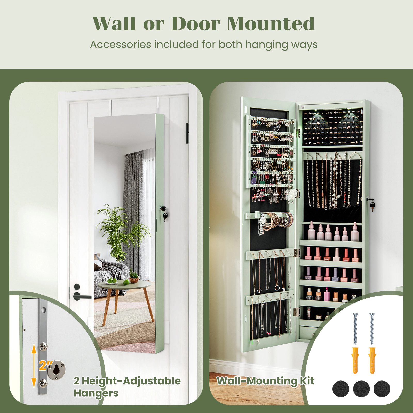 SUGIFT White Wall and Door Mounted Jewelry Armoire with LED Lights 6 Shelves 4-in D 54.5-in H