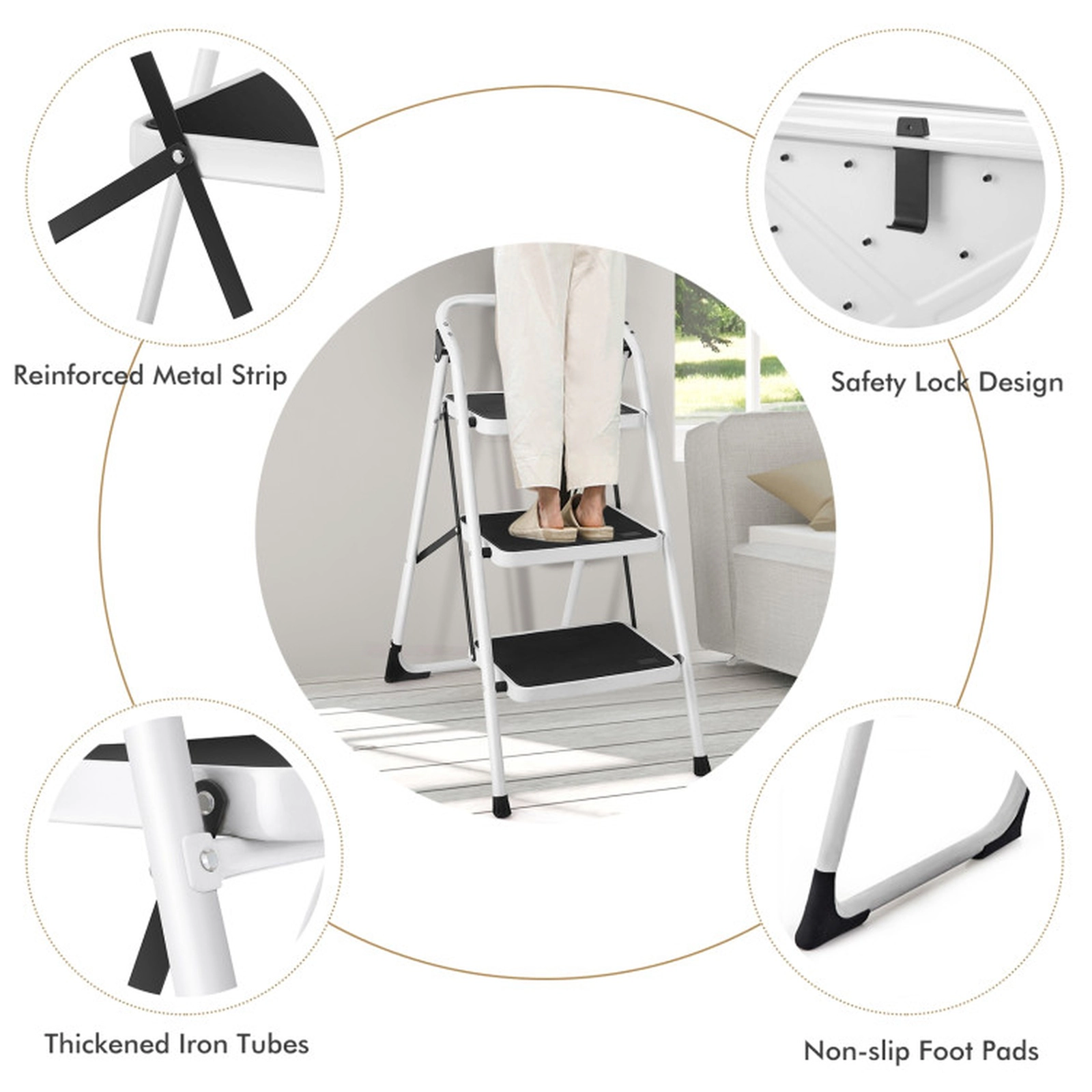 SUGIFT Folding 3-Step Iron Ladder Step Stool Anti-Slip 15 x 10-in Treads 330-lb Capacity 19.5 x 4 x 41-in Black/White