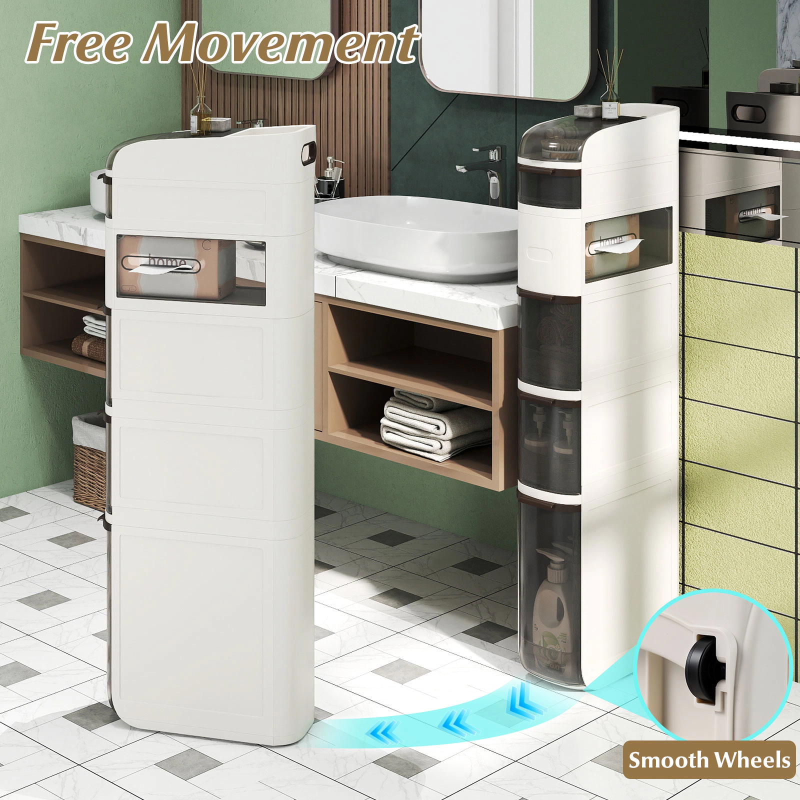 SlickBlue Slim Bathroom Storage Cabinet with Drawers and Wheels