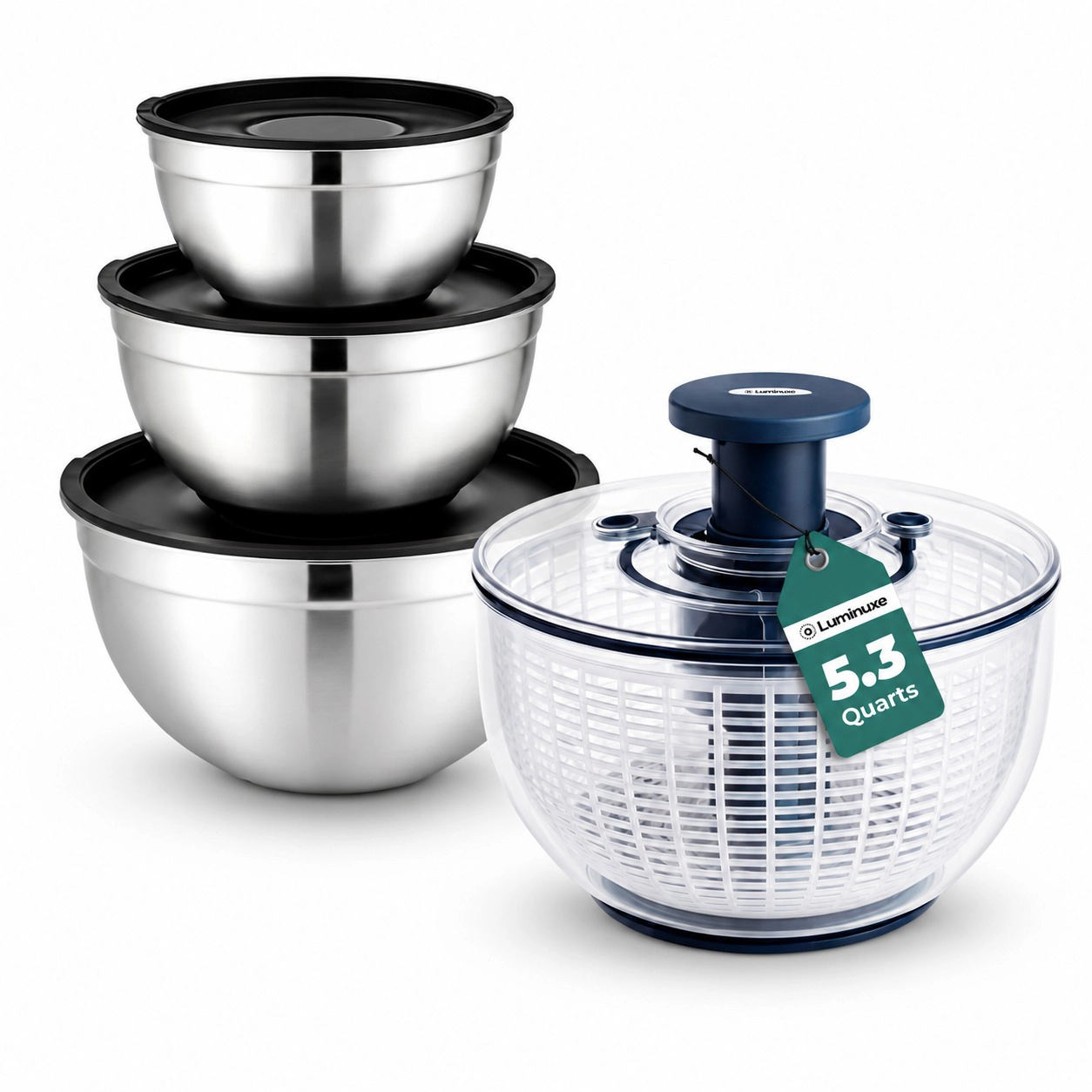 Luminuxe Mixing Bowls & Salad Spinner Set, Stainless Steel Bowls with Lids & 5.3qt Vegetable Spinner w/ Draining System