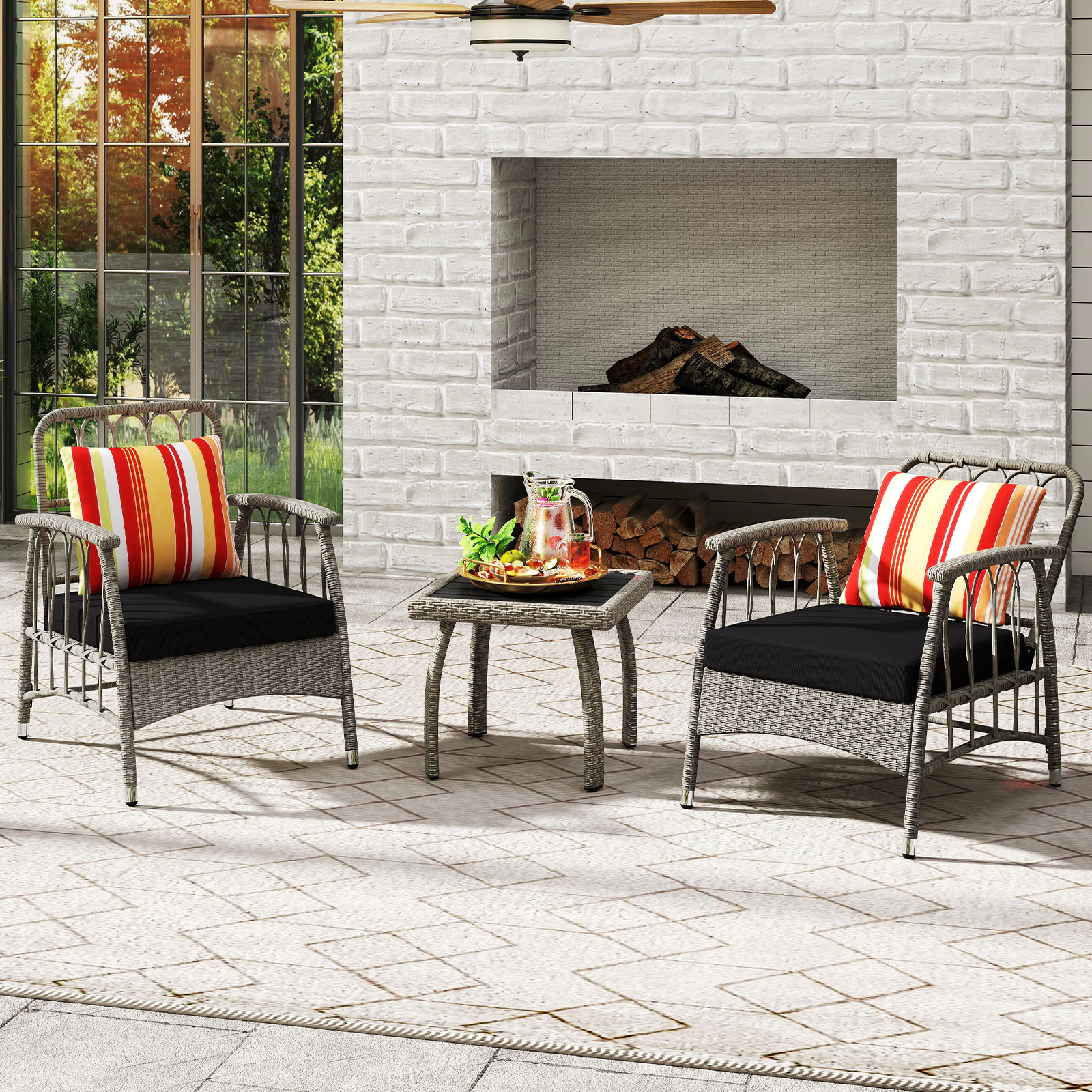 SUGIFT 5-Level Adjustable Backrest Chairs 3-Piece Gray Patio PE Wicker Set