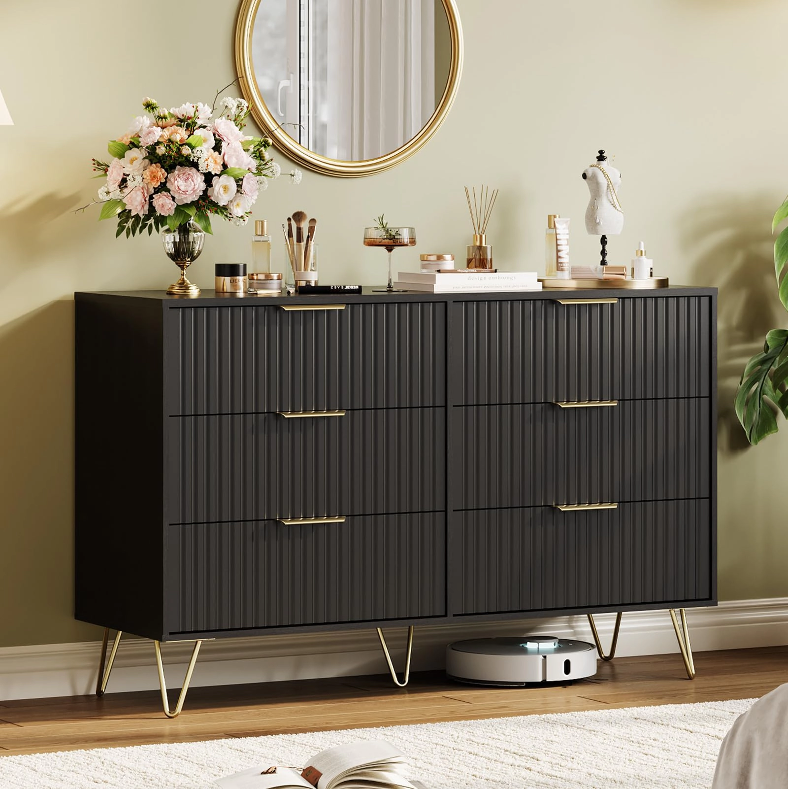 47" Wide Fluted 6 Drawer Dresser with Metal Handles, Modern Wood Storage Chest