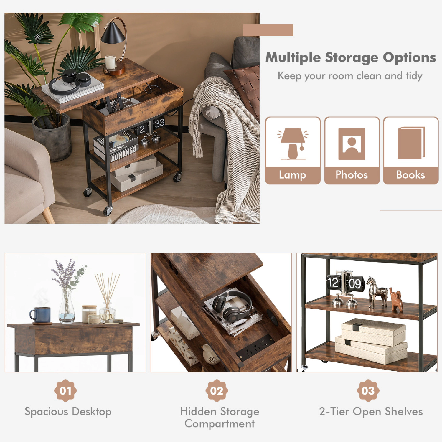 Glintex Lift-Top End Table with Charging Station Hidden Compartment and Casters, Rustic Brown