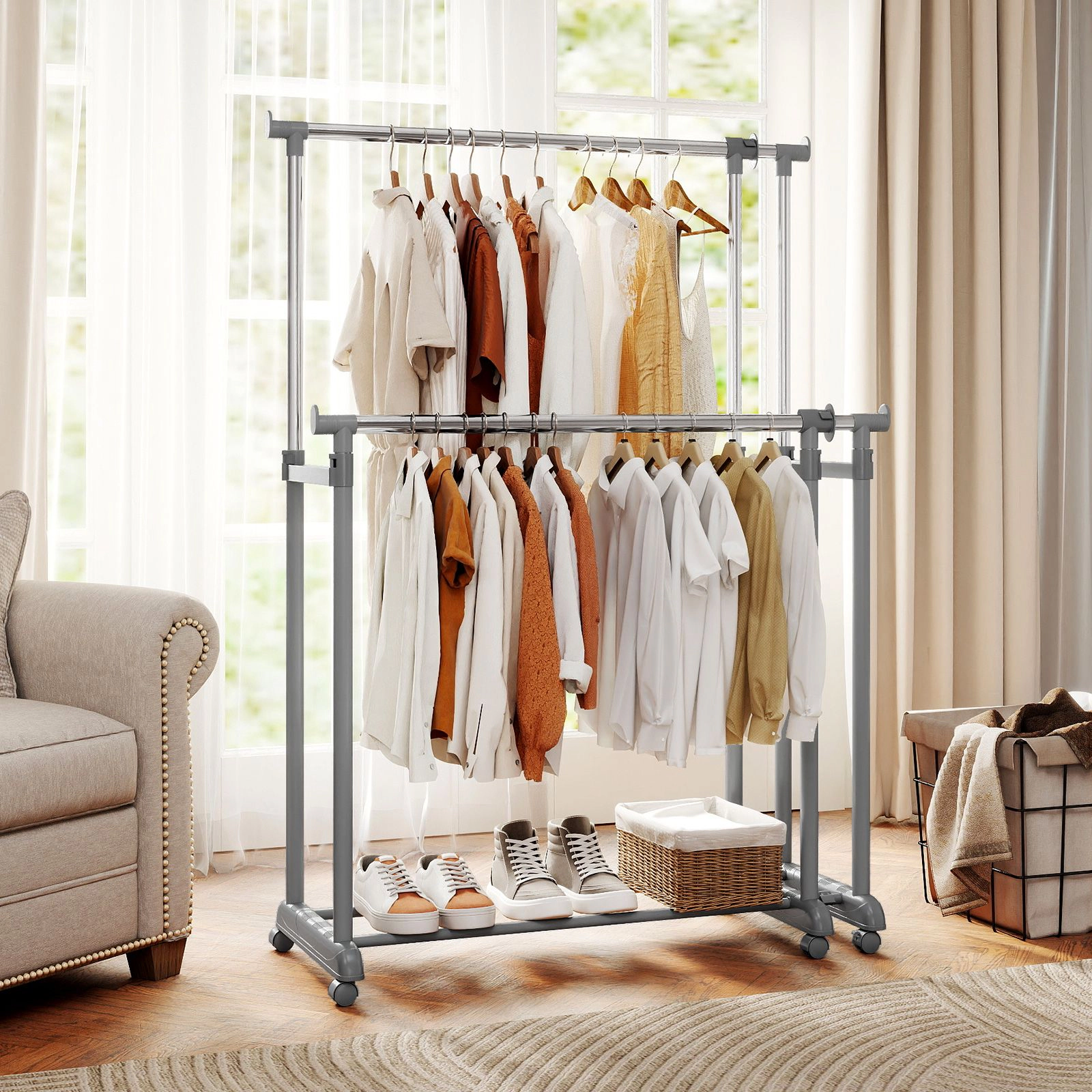 SlickBlue Adjustable Double Rod Clothes Rack with Wheels and Bottom Storage