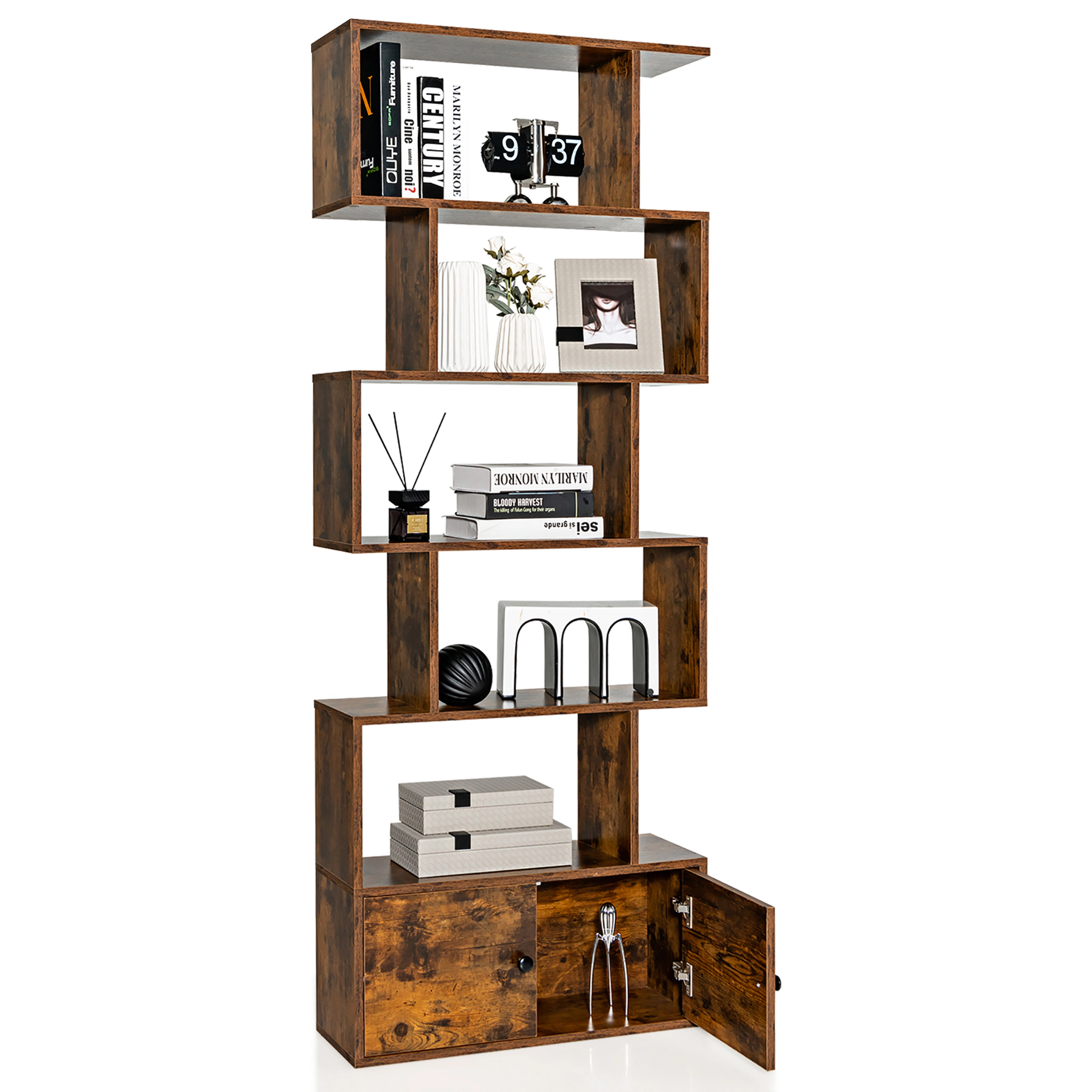Costway Bookshelf with Cabinet 6-Tier S-Shaped Bookcase Storage Rack White