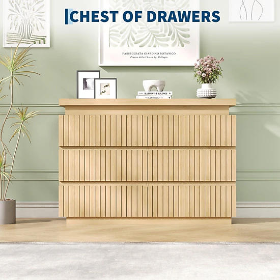 BebreezChic Modern Handleless 6-Drawer Dresser, Fluted Design, Thick Floating Top, White Wide Chest