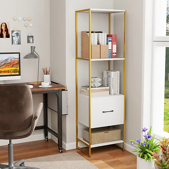 Hivvago 5-Tier Narrow Bookcase with 4 Open Shelves and Storage Drawer