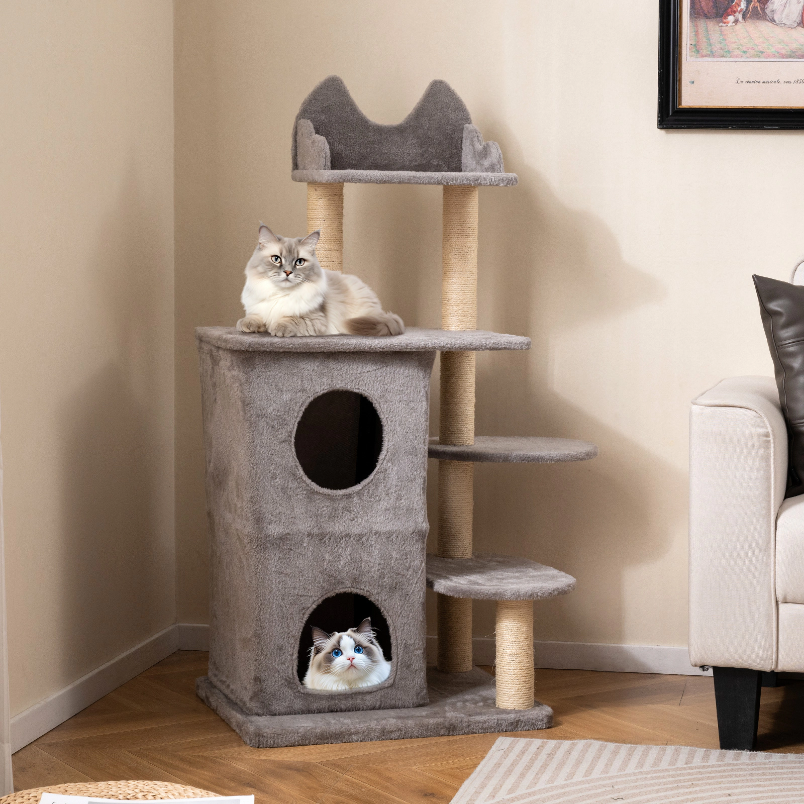 Glintex 48.5-Inch Cat Tree with 2-Story Condo 3 Entrances and Raised-Edge Perch, Gray