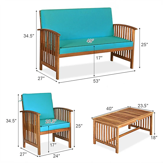 SUGIFT 4-Piece Blue Patio Furniture Set with Solid Acacia Wood Loveseat and Coffee Table 360-lb Per Sofa