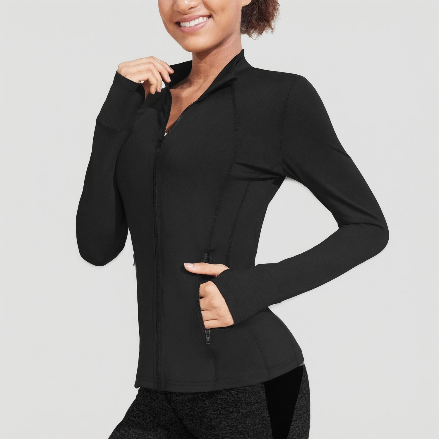 Pinspark Womens Solid Full Zip Track Jacket Long Sleeve Thumbhole Cuffs Slim Fit Coat