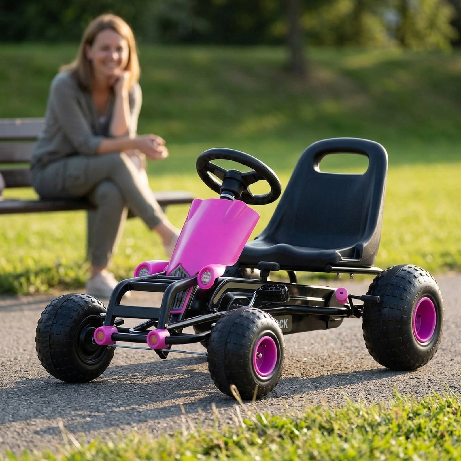 Kids Pedal Go Kart Gear Shifter Side Handbrake 25-Degree Steering Limit Riders 39-in to 61-in Tall Pink Ride On Toy