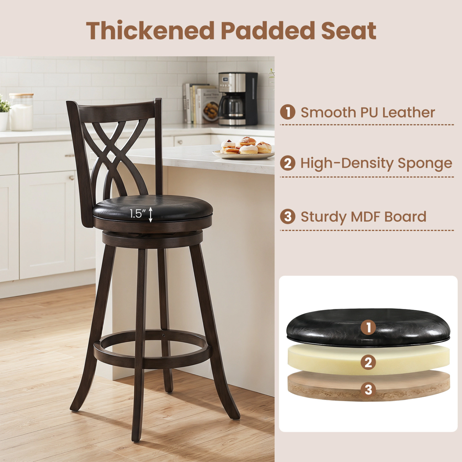 Glintex 2-Piece 30.5-Inch Swivel Bar Stool Set with Hollowed Backrest, Gray