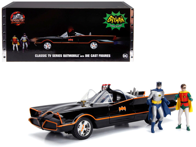 Jada Classic TV Series Batmobile with Working Lights, and Diecast Batman and Robin Figures "80 Years of
