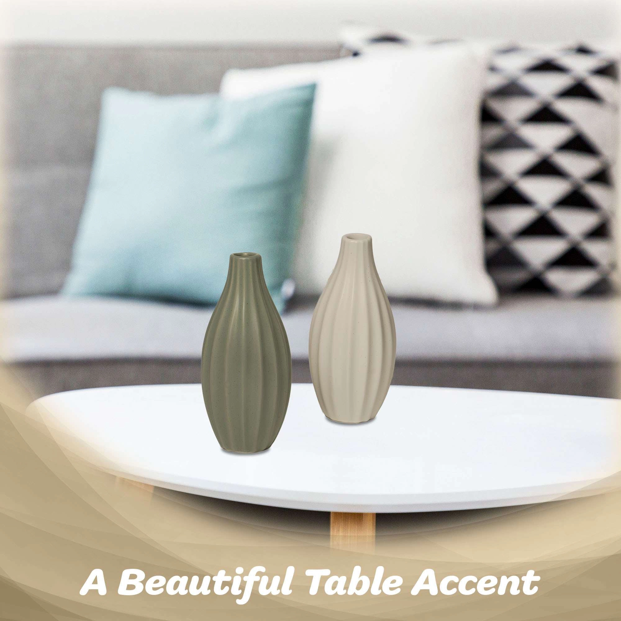 G128 Set of 2 7.75 in Ribbed Ceramic Vases Olive Green and Cream Modern Matte Home Decor