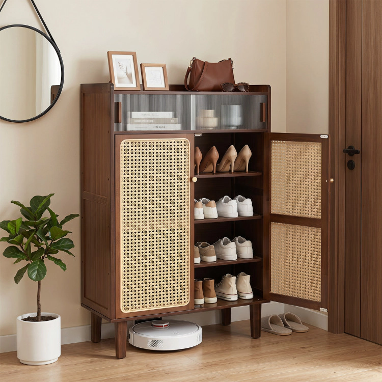 Hivvago 5-Tier Bamboo Shoe Cabinet with Woven Rattan Doors and Sliding Doors for Entryway