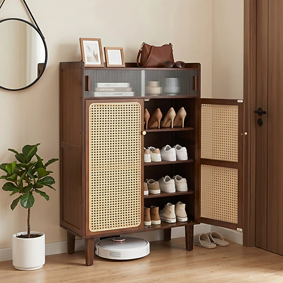 Hivvago 5-Tier Bamboo Shoe Cabinet With Woven Rattan And Sliding Doors