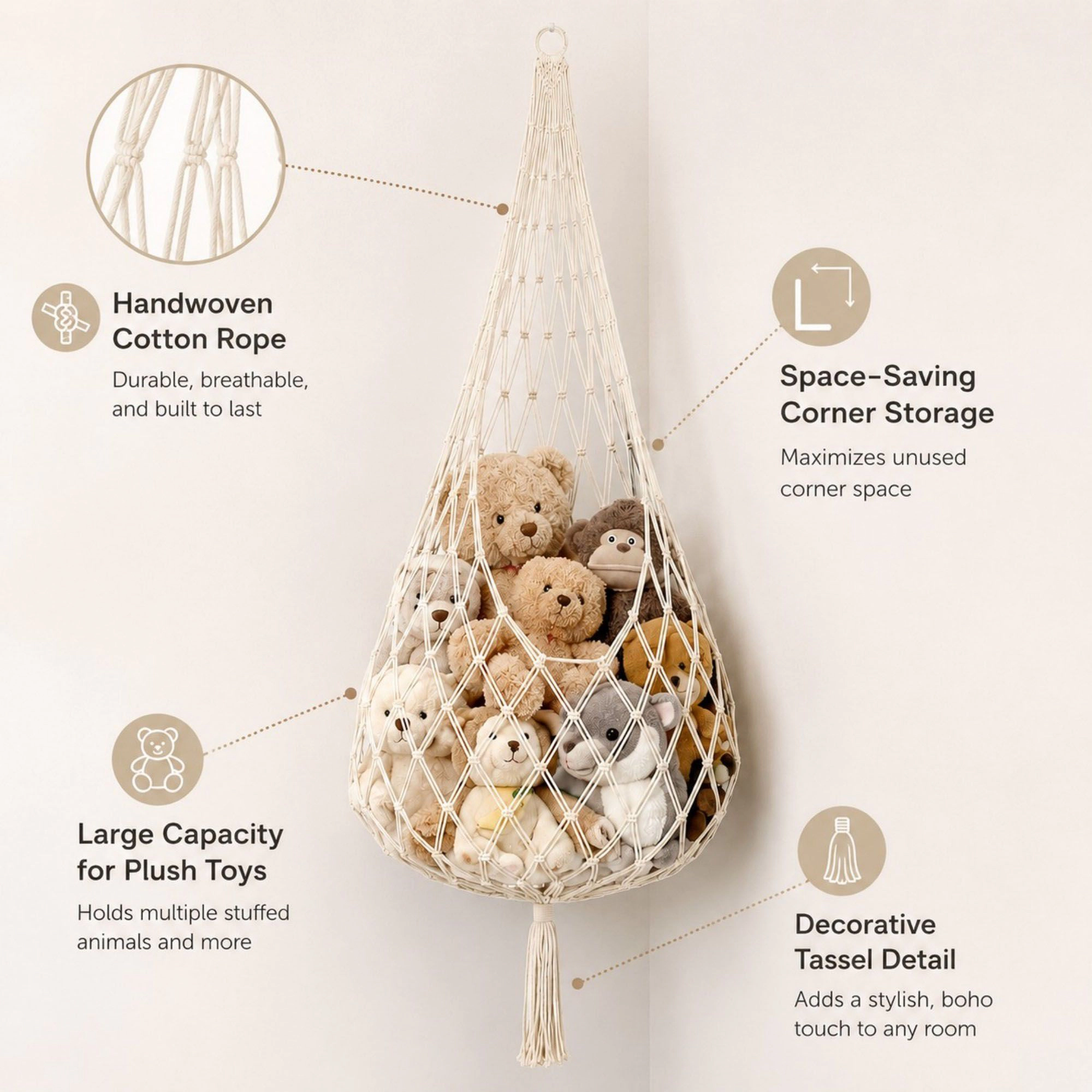 Alilang Unisex Macrame Hanging Stuffed Animal Storage Net Cotton Rope Corner Organizer
