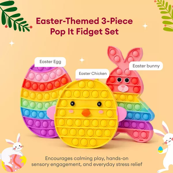 Sperric Easter Pop Toys 3Pk, Rainbow Bunny Chicken & Egg Pop-It Fidget, Stress Relief Sensory Basket Stuffers for Kids