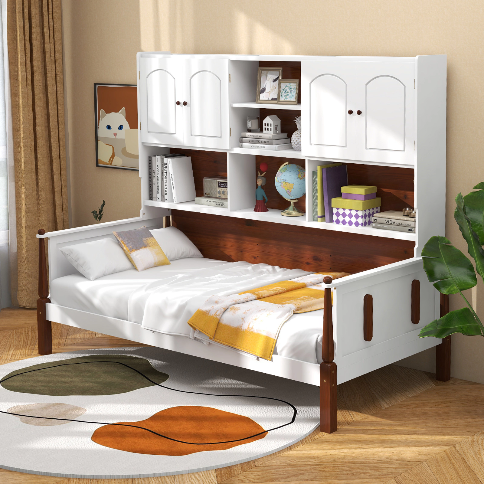 SUGIFT Twin Platform Bed with Bookcase Headboard, 2 Cabinets, 5 Shelves, White