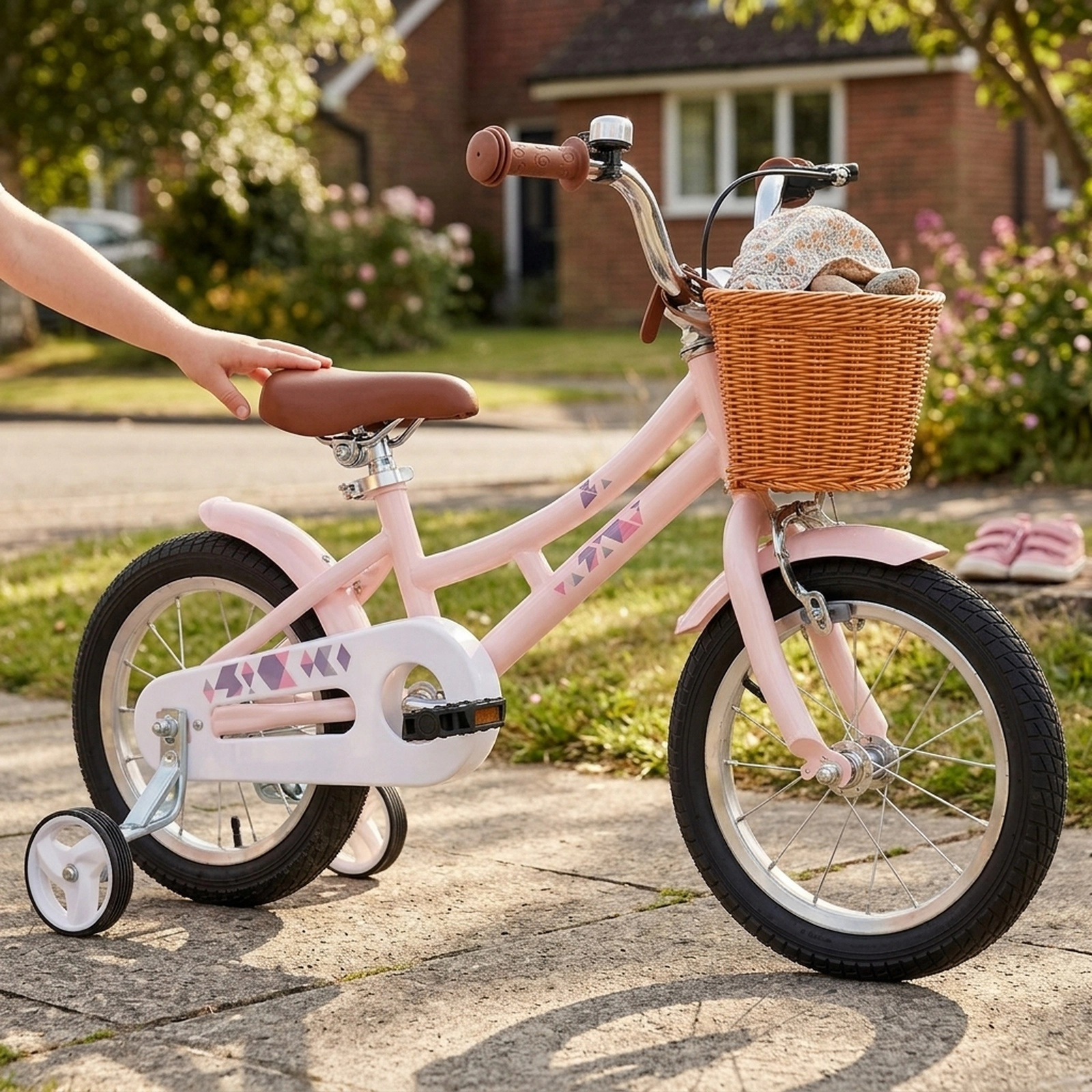 14-in Retro Kids Bike Splash Fenders Removable Basket 5-Layer Anti-Puncture Tires Training Wheels Bell Ages 3-5 Pink