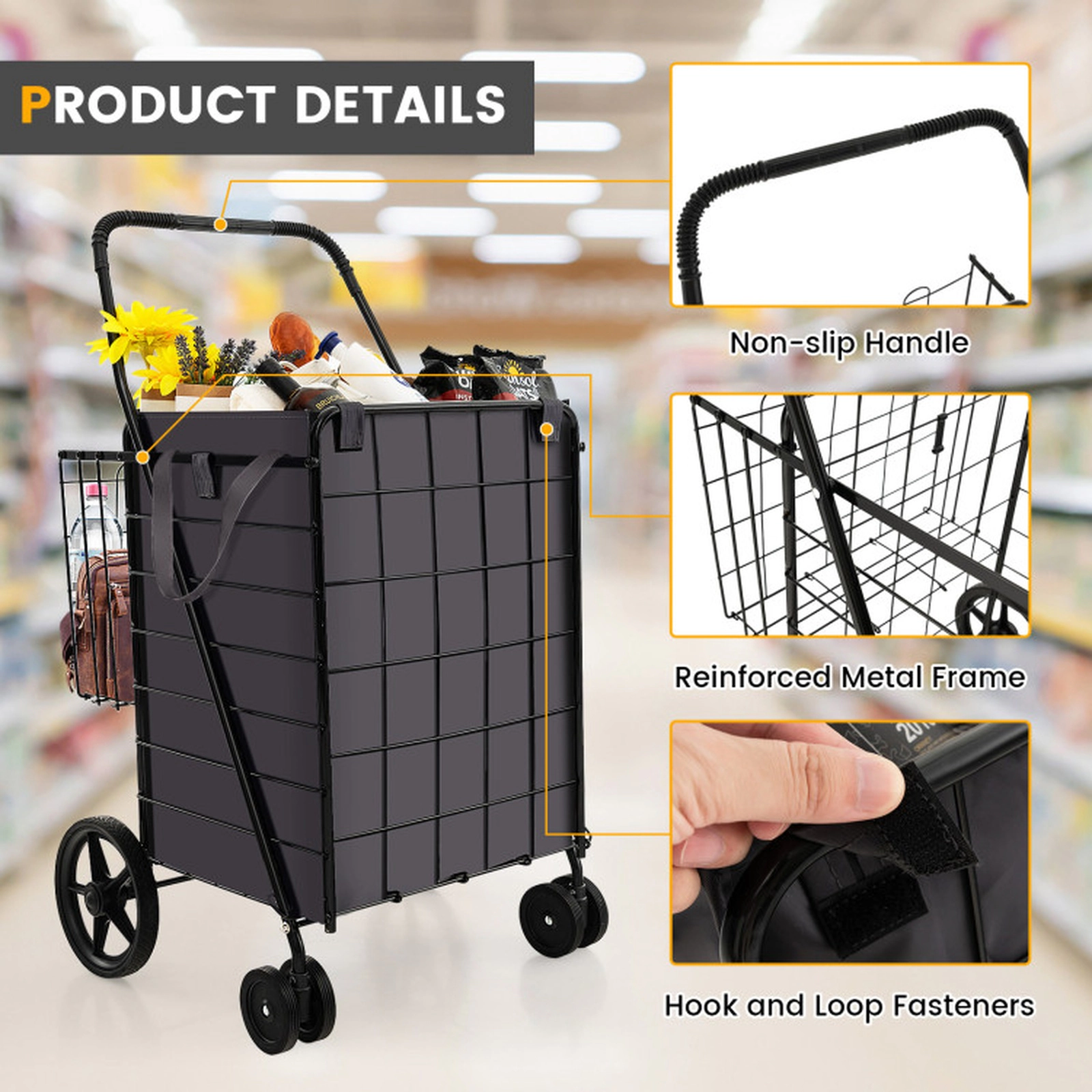 SUGIFT Folding Rolling Shopping Cart Waterproof Oxford Liner Back Basket 90-lb Capacity 24 x 23.5 x 40-in Black