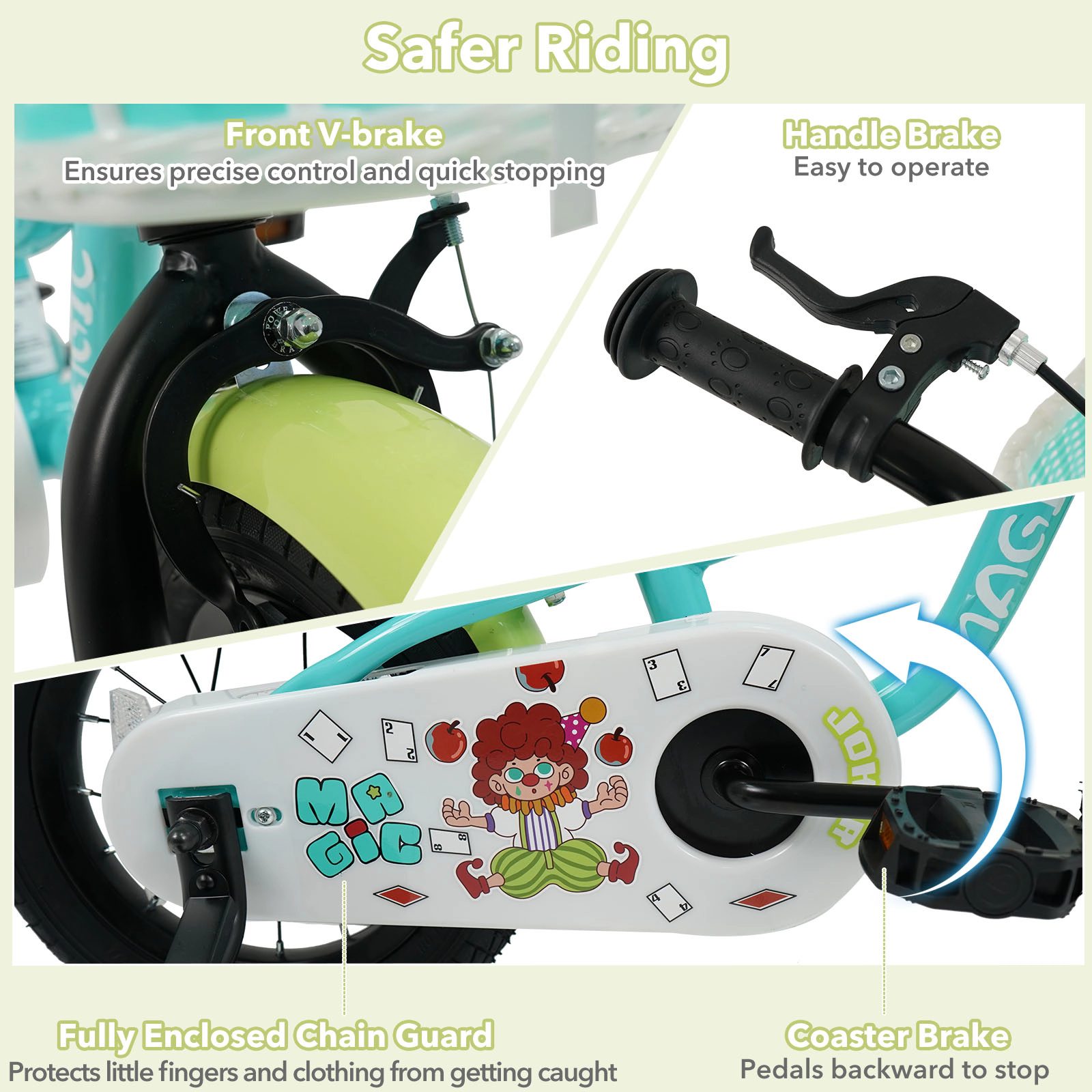 SUGIFT Green Training Wheels Front Basket and Adjustable Handlebar Kids Bike
