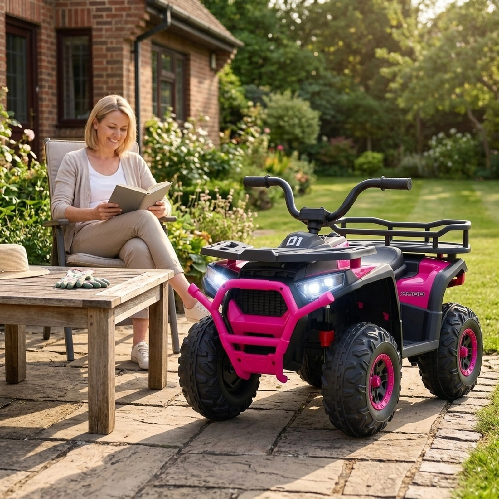 24V Kids Ride on ATV Quad 4-Wheeler Dual 25W Motors Shock Absorption LED Lights FM Radio Ages 3+ 66-lb Capacity