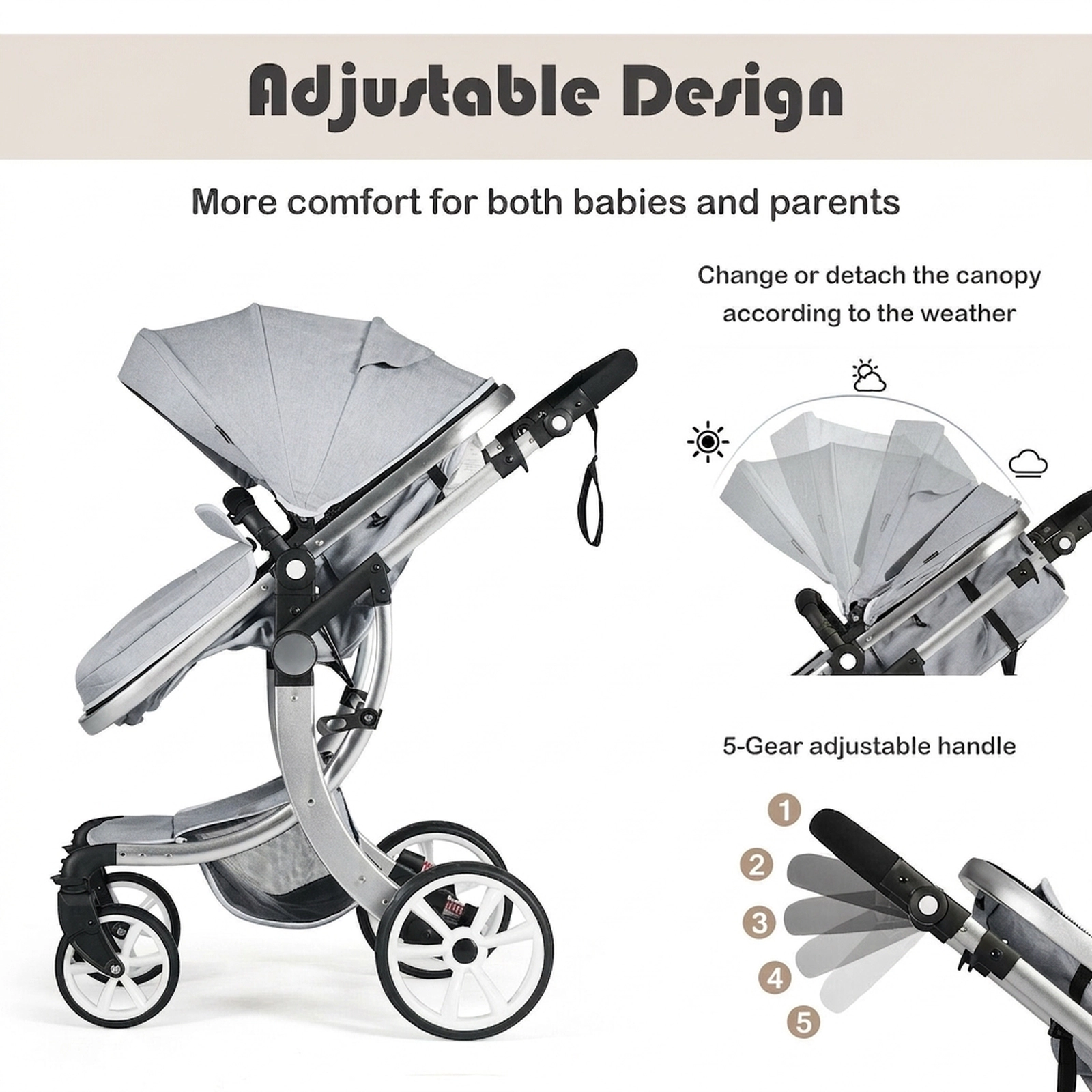 SUGIFT Folding Aluminum Infant Reversible Stroller with Diaper Bag 33-lb Capacity Ages 0-3 Years Gray