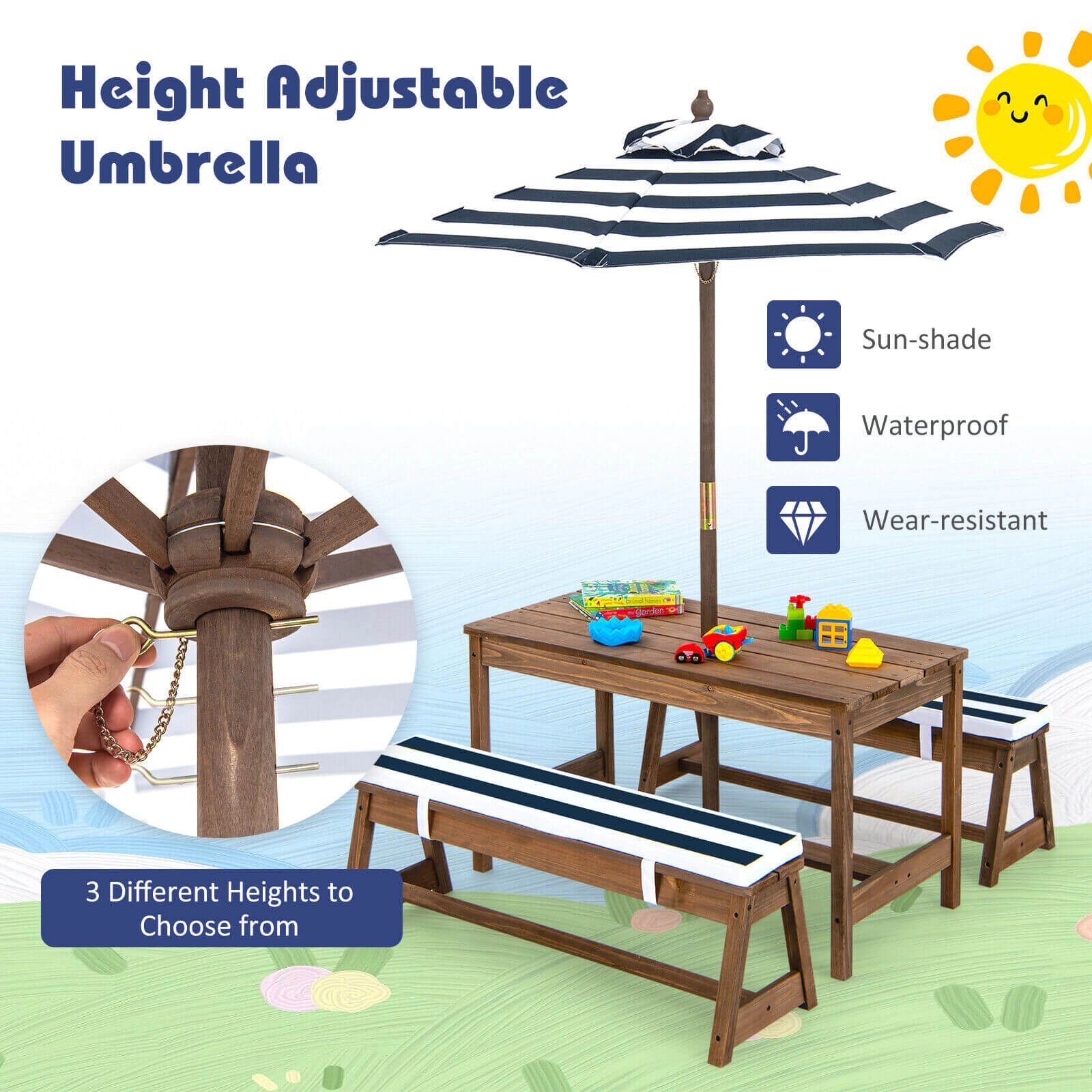 SUGIFT Kids Picnic Table Set, Fir Wood, 2 Padded Benches, Blue Adjustable Umbrella