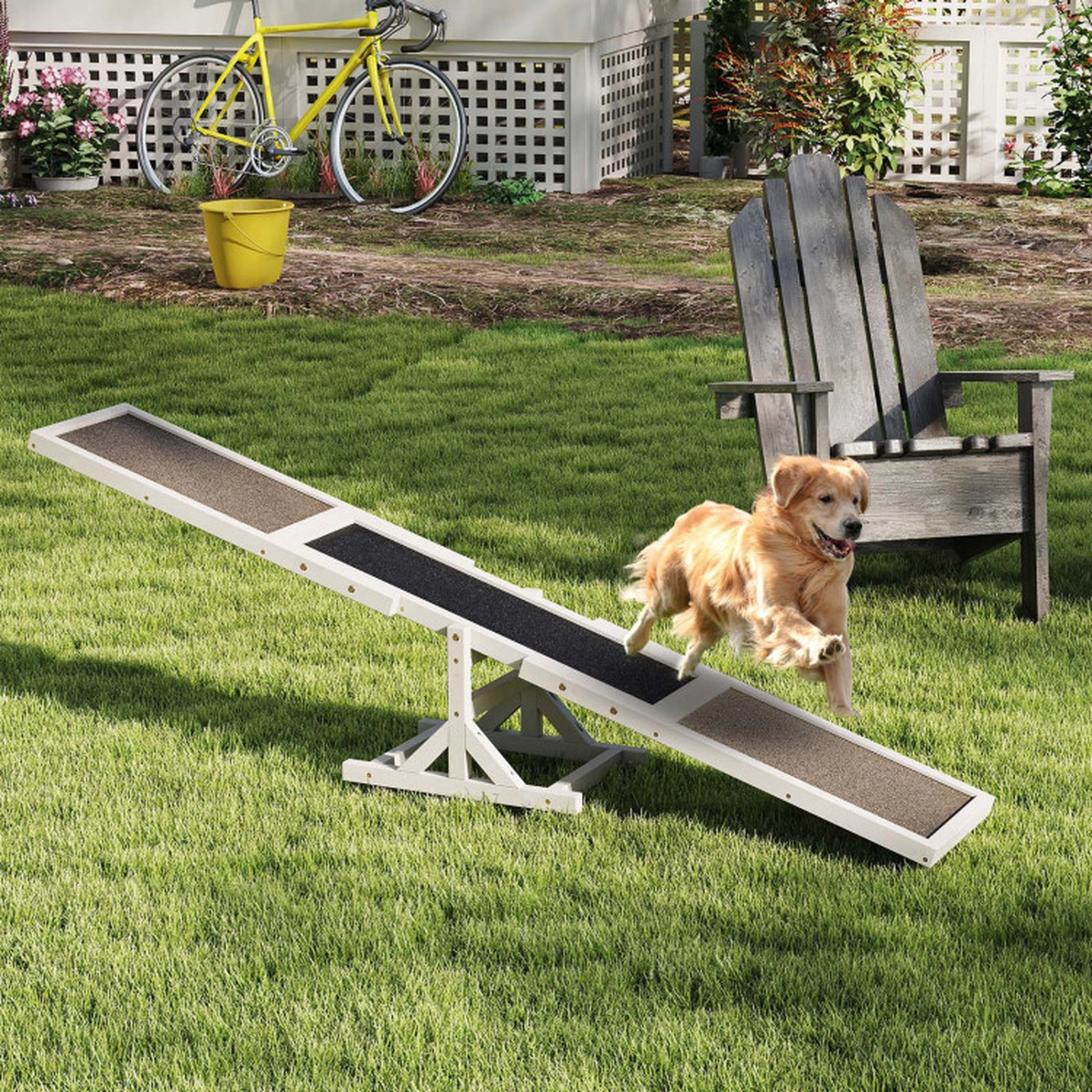 SUGIFT Wooden Dog Agility Seesaw Pet Bed and Training Ramp 66-lb Capacity Outdoor Obstacle Course Toy Gray/White