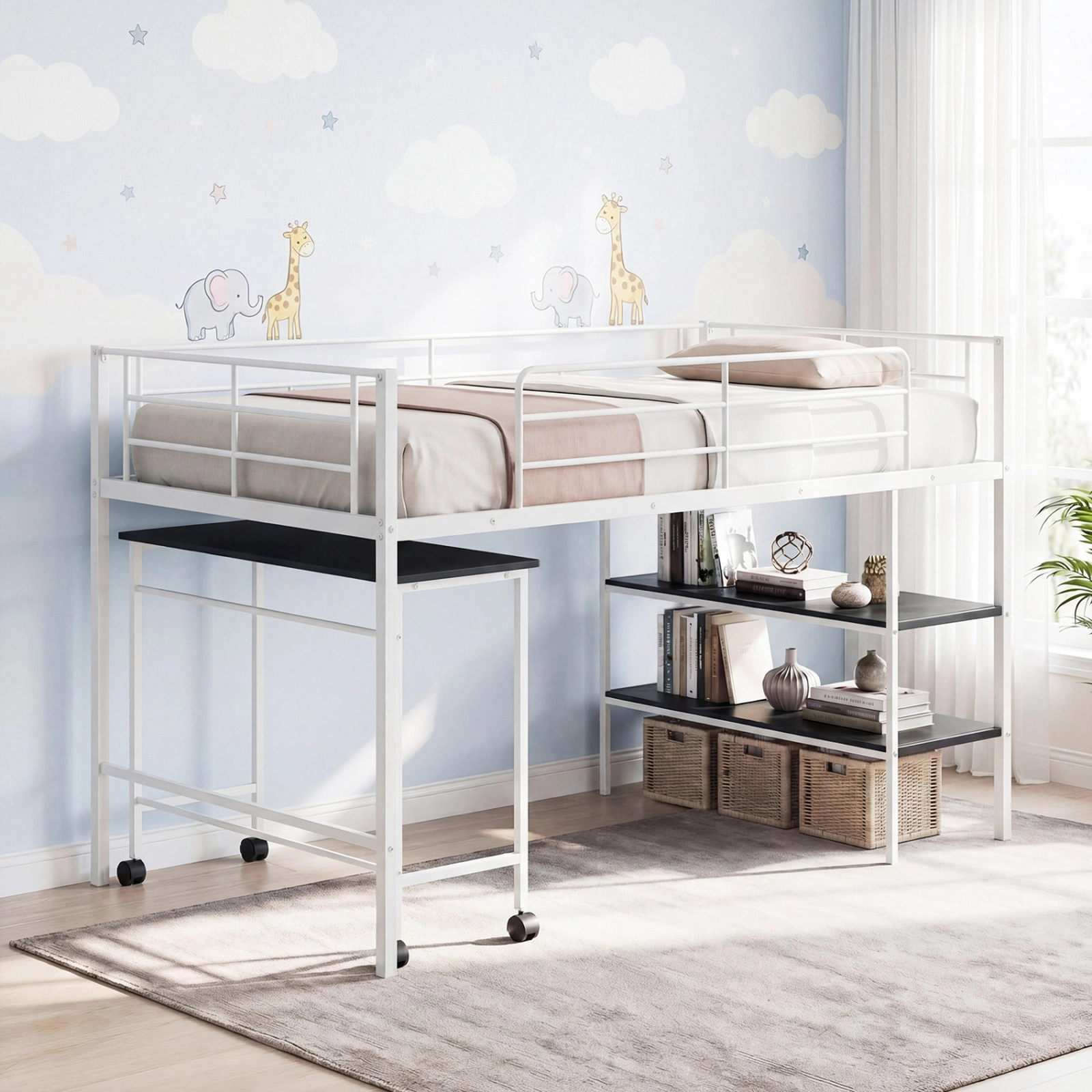 SUGIFT Twin Loft Bed with Rolling Desk and Bookshelf Platform Frame 250-lb Capacity Twin Mattress Black/White
