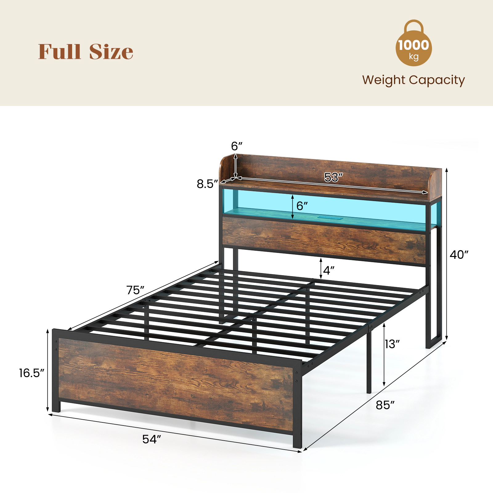 SUGIFT LED Storage Headboard Bed Frame with Power Outlets Full Size 1000-lb Capacity Rustic Brown