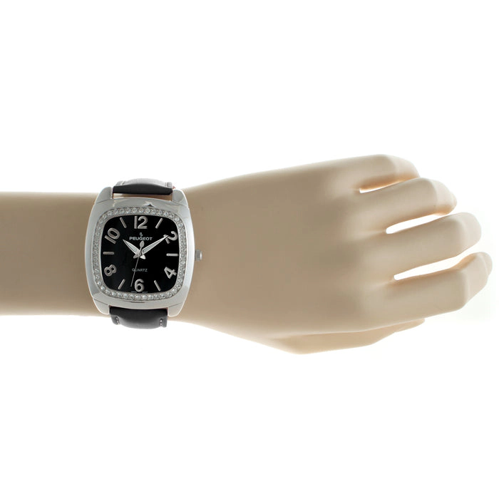 Peugeot Women's Black Boyfriend Watch 40mm Crystal Bezel Leather Strap